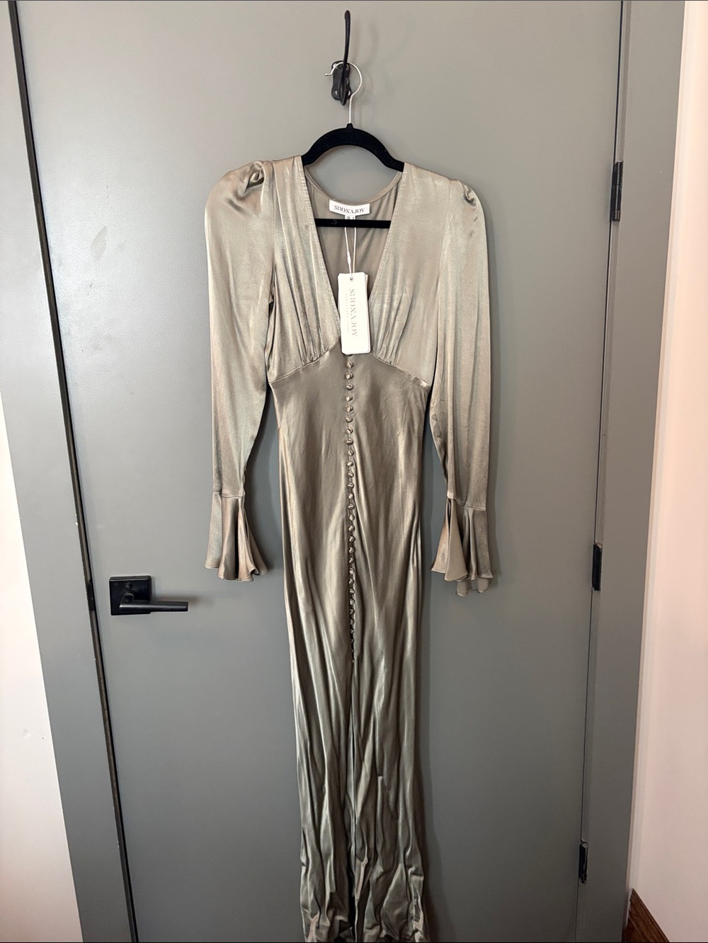 Shona Joy Long Satin V-Neck Dress in Metallic Sage